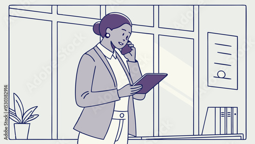 Woman in office setting talking on phone and holding tablet with window and plant in background visible