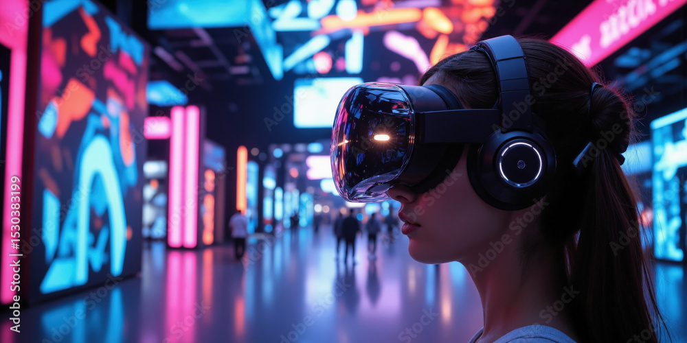 custom made wallpaper toronto digitalImmersive virtual reality arena where users experience AI-powered simulations through VR headsets and holographic projections in a vibrant digital landscape that blurs