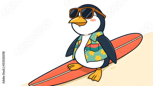 Fun cartoon penguin wearing sunglasses and Hawaiian shirt, leaning carelessly on a surfboard on a sandy beach.