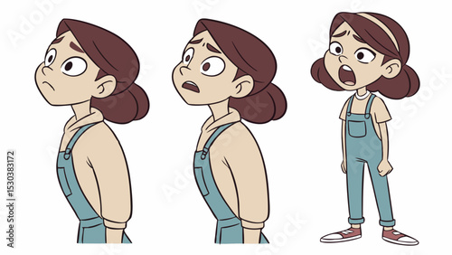 Cartoon character girl in overalls showing different expressions of concern surprise and fear on white
