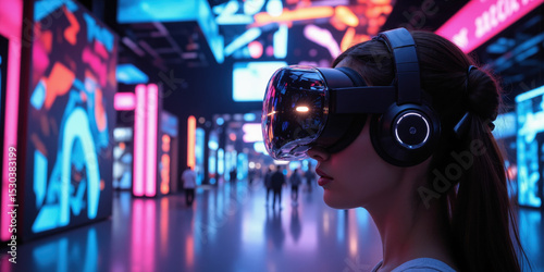 Wallpaper Mural Immersive virtual reality arena where users experience AI-powered simulations through VR headsets and holographic projections in a vibrant digital landscape that blurs Torontodigital.ca