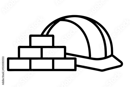 Construction Helmet and Bricks Icon, Line Art, Safety Gear