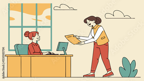 Woman passing document to colleague sitting at desk with computer in office with window and clouds view