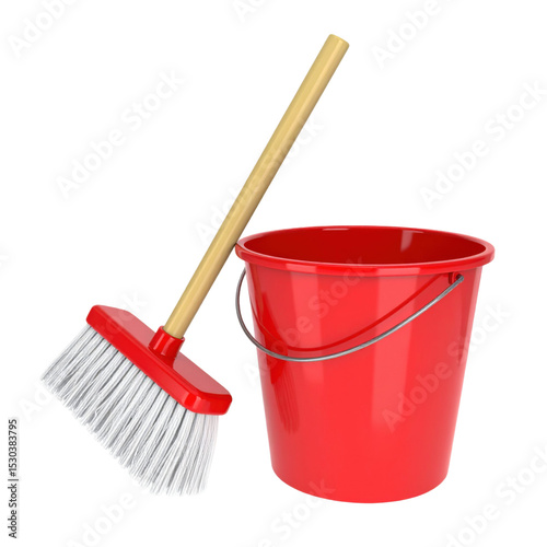 Cleaning Broom and Bucket Icon Representing Housekeeping, Sanitation, and Janitorial Tools Isolated on White Background