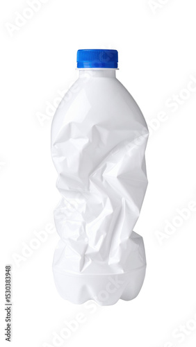 Crumpled White Plastic Bottle with Blue Lid Representing Waste, Recycling, and Environmental Awareness Isolated on White Background