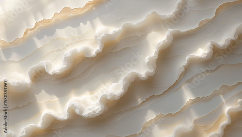 Close up view of layered cream and white stone texture with wavy edges and subtle light variations