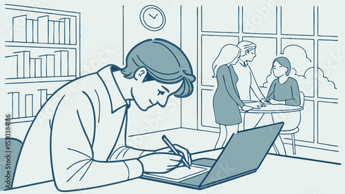 Illustration of a man writing at a desk with a laptop and people in the background near a window
