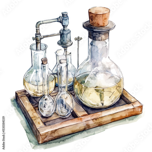 watercolor vector of Distillation Flasks, isolated on a white background.