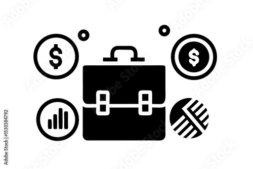 Finance Briefcase Vector Icon with Coins, Graphs, Dollar Signs & Calculator – Business & Money Symbols