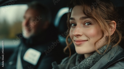 Smiling young woman enjoying a car ride with an older man on a scenic road
