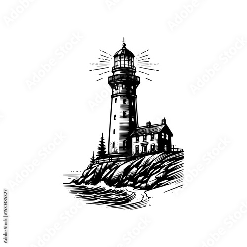 Lighthouse on rocky coast with keeper s house