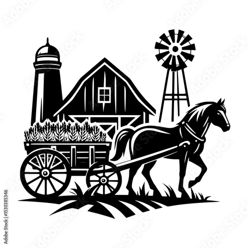 Horse drawn wagon with farm barn and windmill