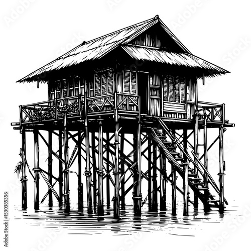 Traditional stilt house on water ink drawing