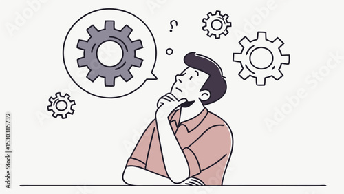 Man is thinking about gears with a question mark and a thinking bubble with a gear inside it above his head