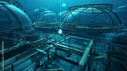 Underwater scene showcasing futuristic glass structures and aquatic life.
