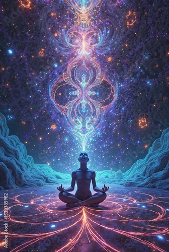 Meditating Humanoid in Cosmic Fractal Landscape – Vibrant Neon Sacred Geometry DMT Art 3

