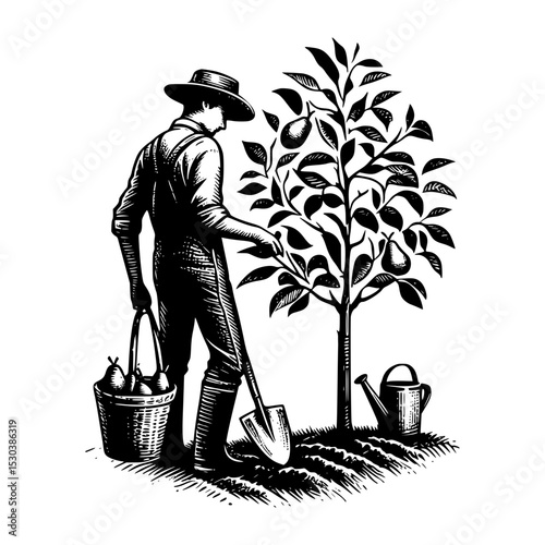 Farmer harvesting pears from a fruit tree