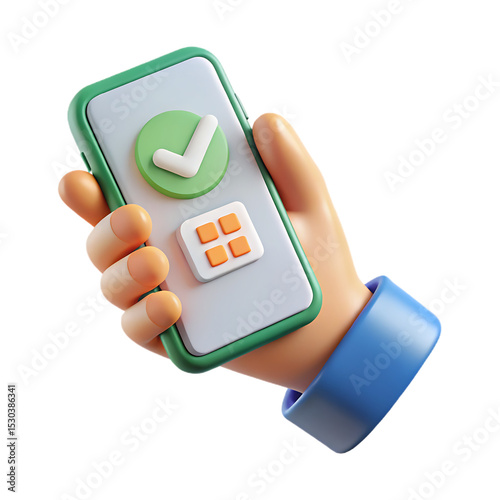 3D Hand Holding Smartphone Scanning QR Code with Check Mark   Mobile Payment and Verification Icon