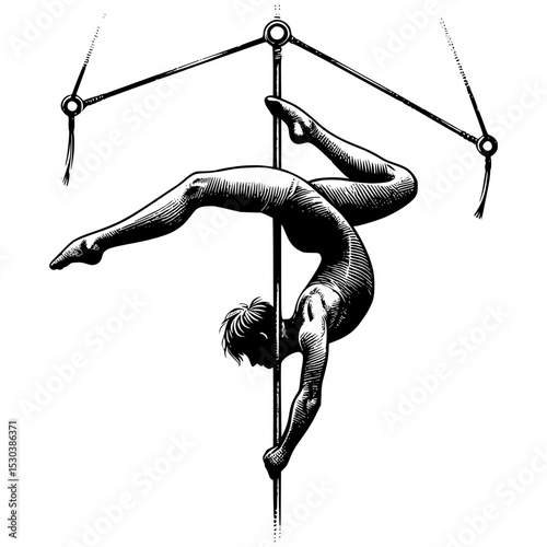 Male aerialist performing backbend on pole