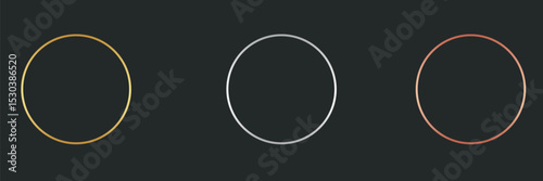 Gold, silver and bronze circle thin frames. Blank metal ring, button, stamp, emblem, sticker, label. First, second and third place medals isolated on black background. Abstract vector illustration set