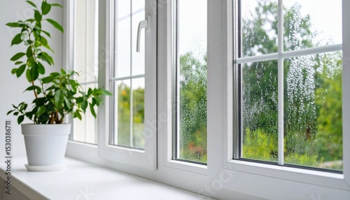 Selective focus on condensation on PVC window and white plastic window with a houseplant in the background Concept of indoor plants and humidity