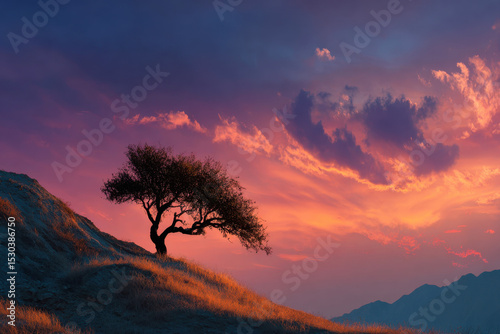 Single lone tree on sloped hill at sunset with colorful sky and dramatic clouds in background. Concept of solitude and serenity in nature