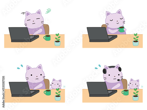 リモートワークをするネコのイラストセット　主線あり