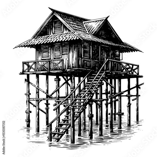 Black and white illustration of stilt house