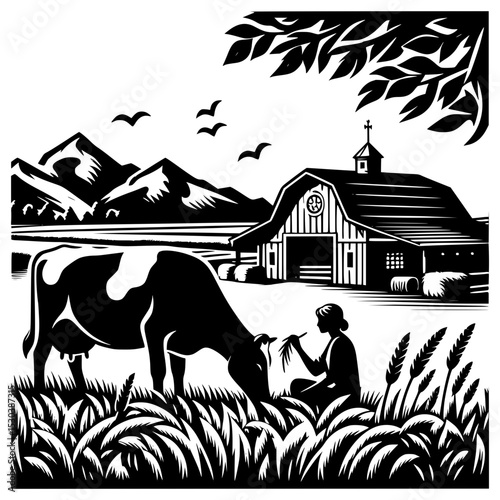 Black and white farm scene with cow and farmer