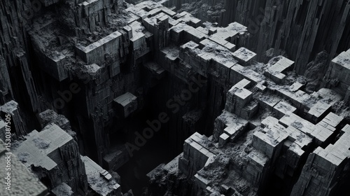 Massive black and grey 3D maze symbolizing complex decisions, obstacles, and strategic problem-solving. 