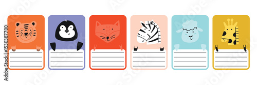 Cute school name tag animals flat. Animal character label card frame collection. Cartoon vector illustration
