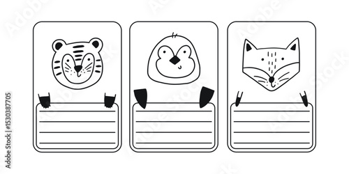Cute sketch school name tag funky animals. Animal character label card frame doodle collection. Hand drawn vector illustration