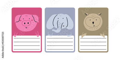 Cute school name tag funny animals flat. Animal character label card frame collection. Cartoon vector illustration