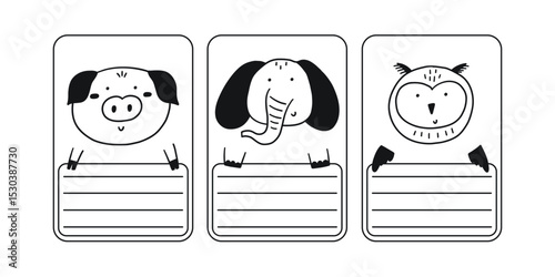 Cute sketch school name tag funny animals. Animal character label card frame doodle collection. Hand drawn vector illustration