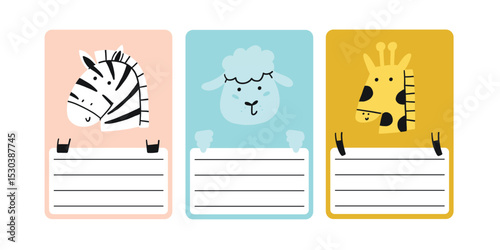 Cute school name tag kids animals flat. Animal character label card frame collection. Cartoon vector illustration