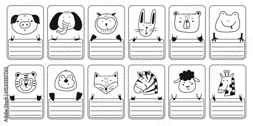 Cute sketch school name tag sticker with animals set. Animal character label card frame doodle collection. Hand drawn vector illustration