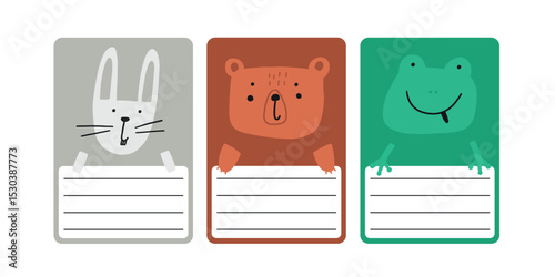 Cute school name tag trendy animals flat. Animal character label card frame collection. Cartoon vector illustration