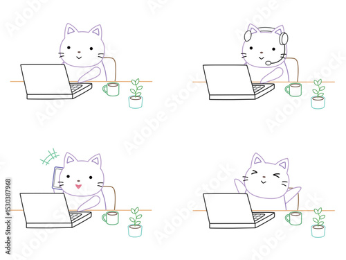 リモートワークをするネコのイラストセット　カラー線画