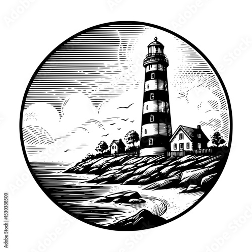 Coastal lighthouse with houses and ocean view