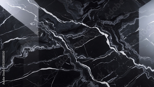 A close up shot of a black marble surface with white veins and a glossy reflection on the right side