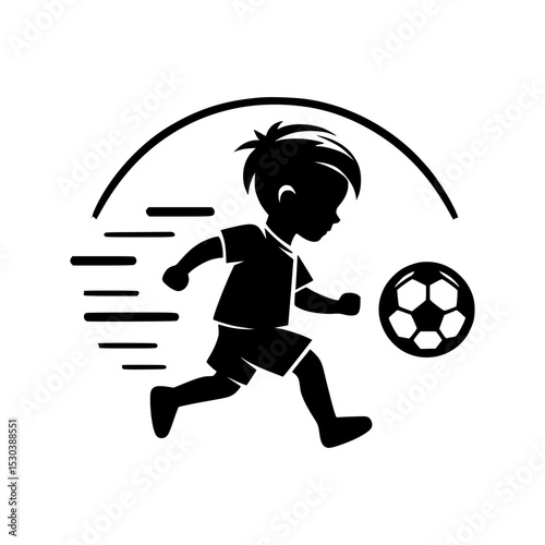 Silhouette of boy playing soccer running fast
