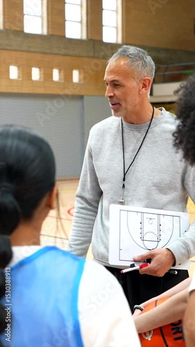 Basketball coach explaining strategy to female team