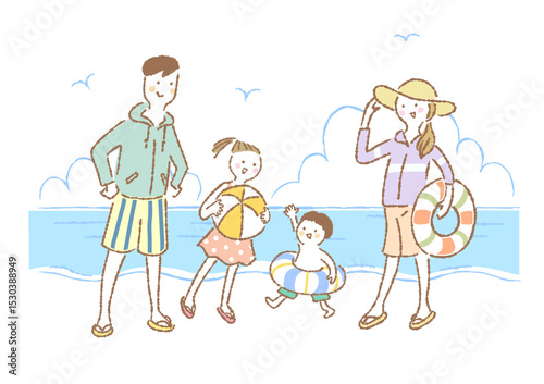 海辺で遊ぶ4人家族のイラスト（海と入道雲の背景付き）