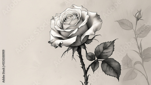 A grayscale drawing of a rose with detailed petals and leaves on a light colored background art