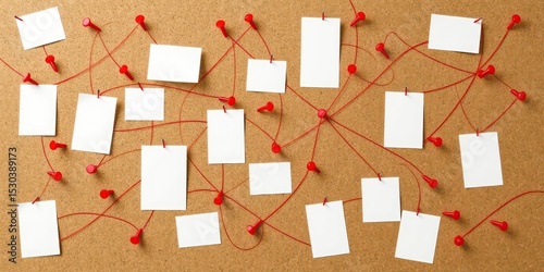 Organization and connection concept shown with push pins, string, and blank notes affixed to a corkboard