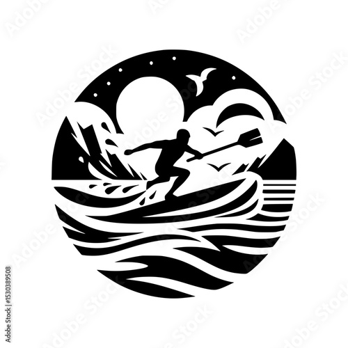 Paddleboarding at night silhouette graphic
