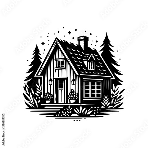 Black and white illustration of a cozy cabin in the woods