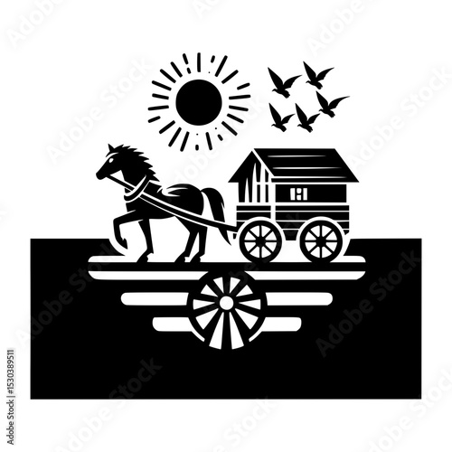 Horse drawn wagon under sunny sky with birds