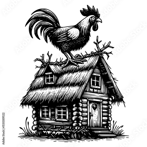 Rooster on a thatched roof log cabin