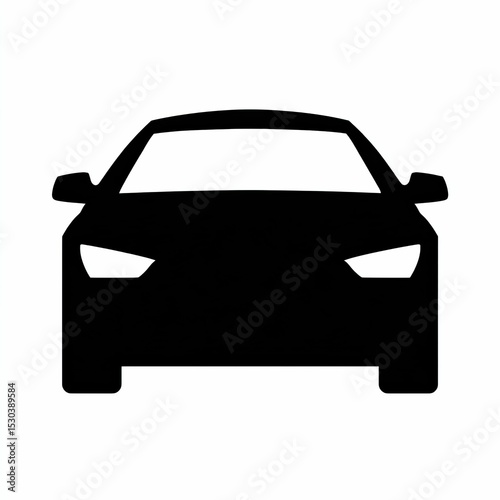 Front view of a black sedan with glowing headlights, isolated on white